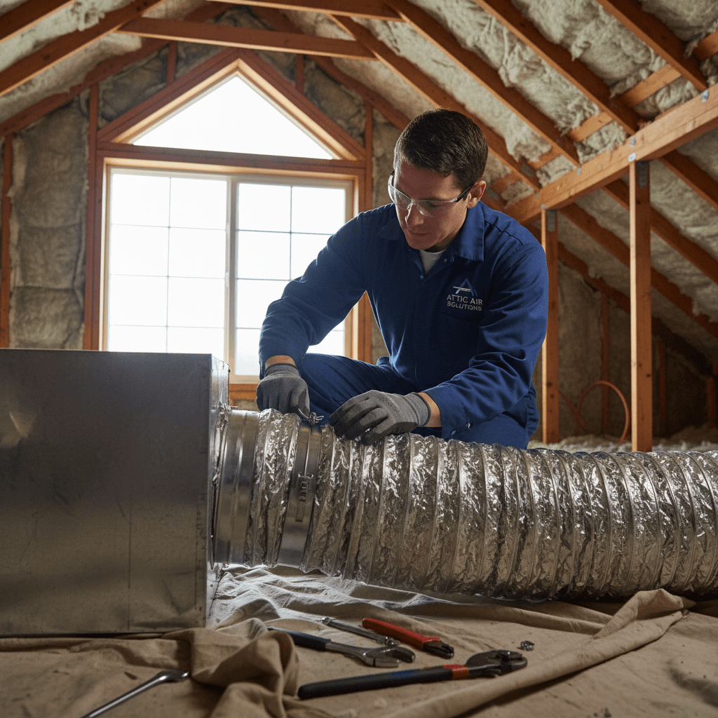 Professional technician inspecting passive ventilation ductwork connections in residential attic space
